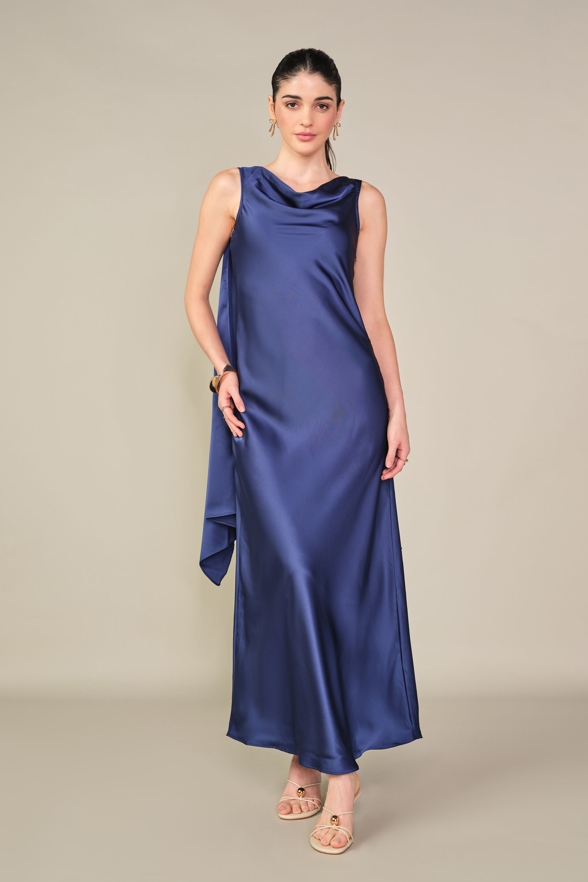 Cowl Satin Gown in Navy, Navy, image 1